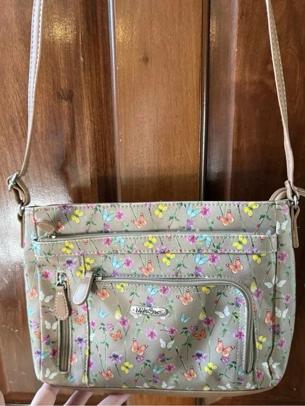 MultiSac Floral Butterfly Crossbody Faux Leather Brown Tan Multi Pocket Purse